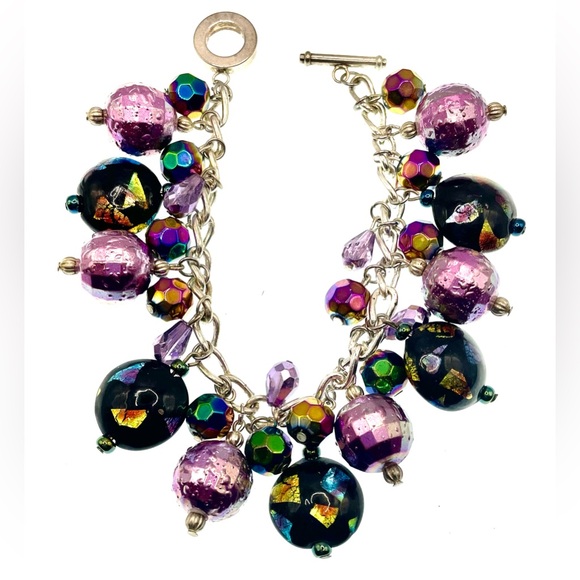 Artisan Silver Tone Chain Bracelet Art Glass and Acrylic Dangling Bead Charms - Picture 3 of 7
